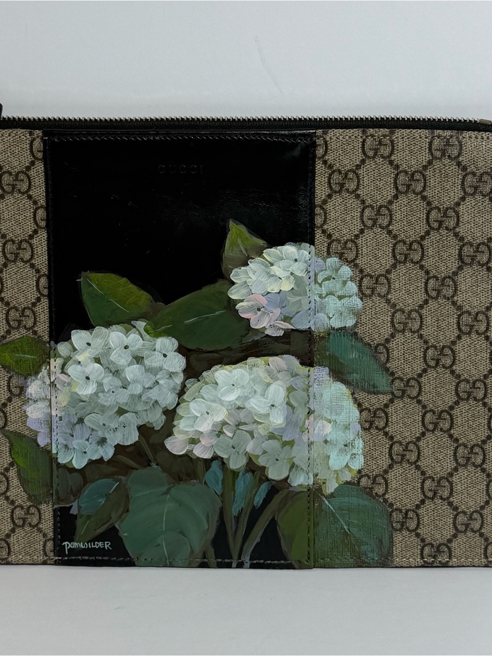 Gucci GG Canvas Clutch with Hand-Painted White Hydrangeas
